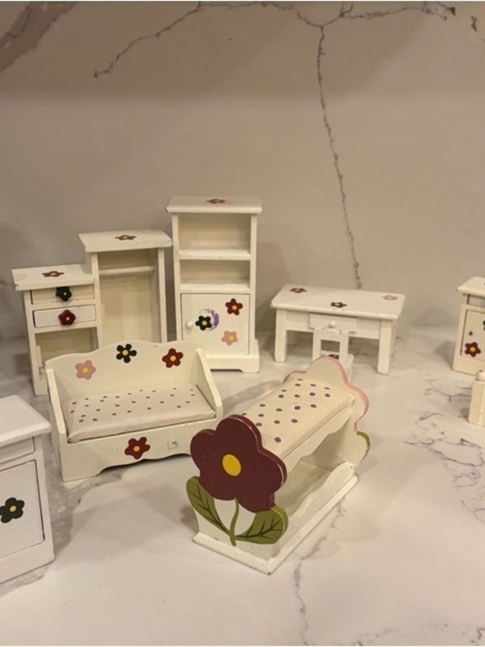 Vintage 1:12 Scale Wooden Dollhouse Furniture - 12pc Set Hand-Painted Floral Set